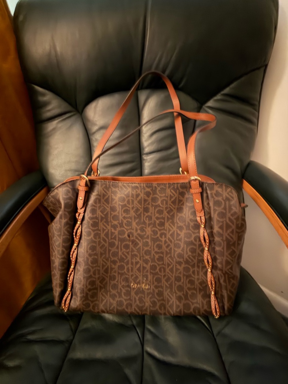 Calvin Klein Brown Leather Monogram Tote